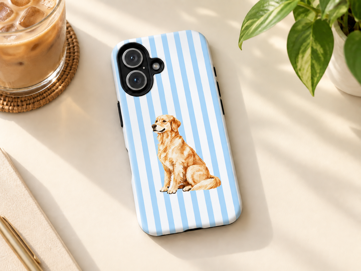 Golden Retriever iPhone Case, Blue Stripe Tough Phone Cover, Golden Retriever Mom Gift