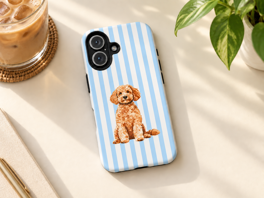 Goldendoodle iPhone Case, Blue Stripe Tough Phone Cover, Doodle Mom Gift