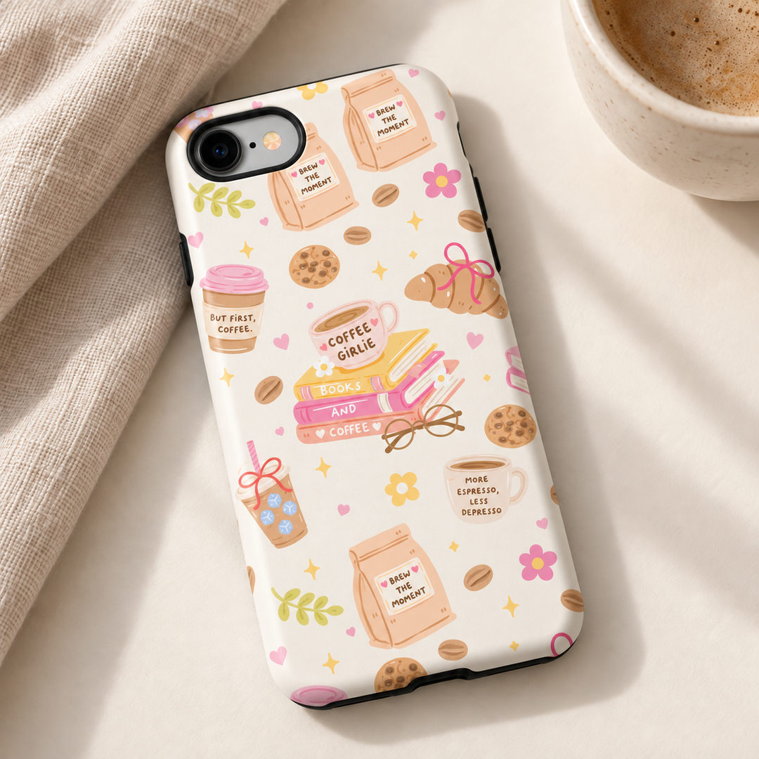 Coffee and Books Tough iPhone Case, Pastel Pink Bookish Phone Cover, Matte or Glossy