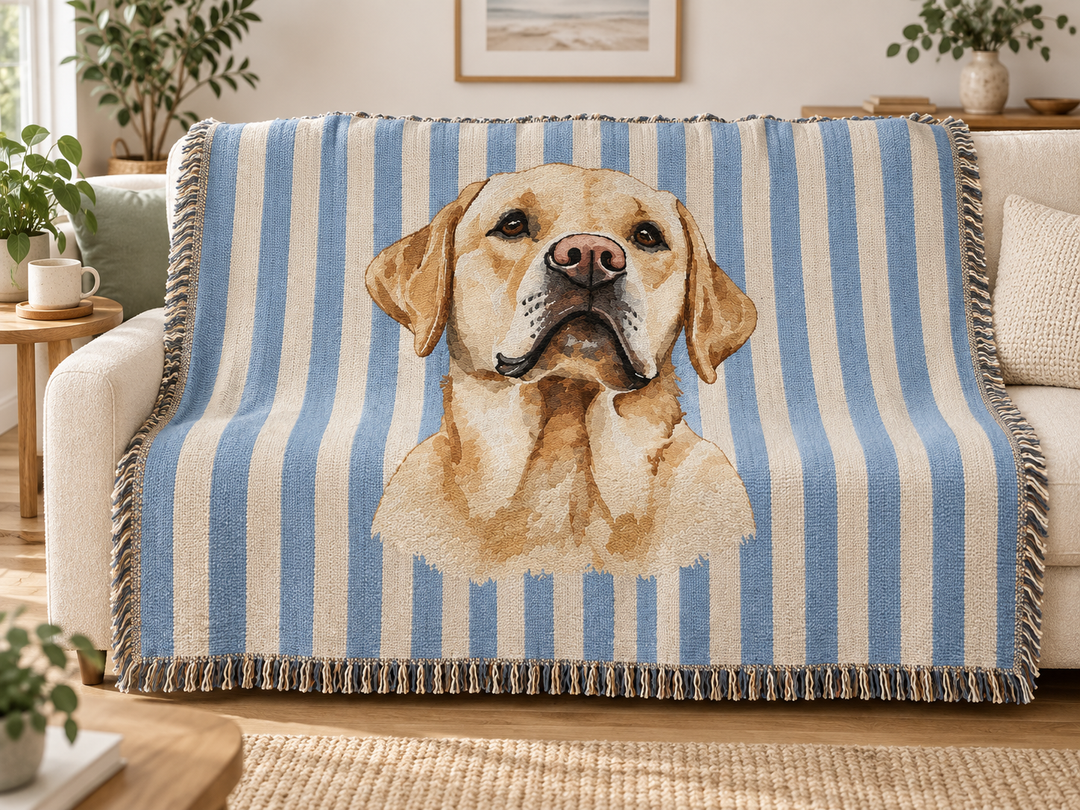 Yellow Lab Woven Blanket, Blue Stripe Cotton Throw, Labrador Mom Gift, 60 x 50