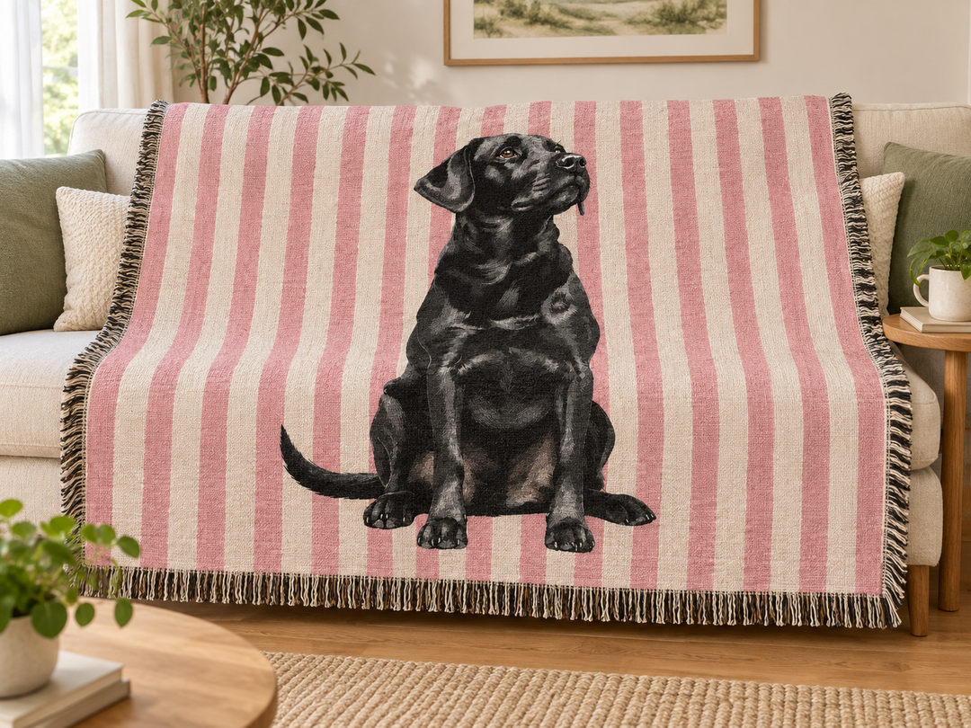 Black Lab Woven Blanket, Pink Stripe Cotton Throw, Labrador Mom Gift, 60 x 50