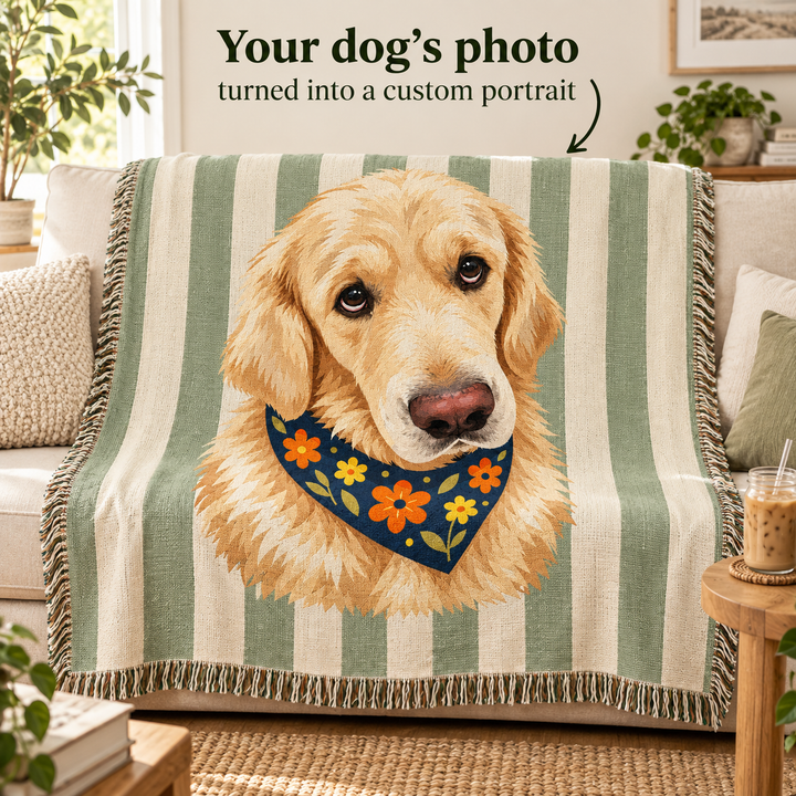 Custom Dog Portrait Woven Blanket - Sage Green and Cream Stripes, Floral Bandana Pet Throw, 60 x 50