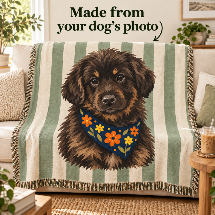 Custom Dog Portrait Woven Blanket - Sage Green and Cream Stripes, Floral Bandana Pet Throw, 60 x 50