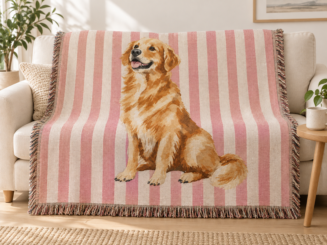 Golden Retriever Woven Blanket, Pink Stripe Cotton Throw, Golden Retriever Mom Gift, 60 x 50