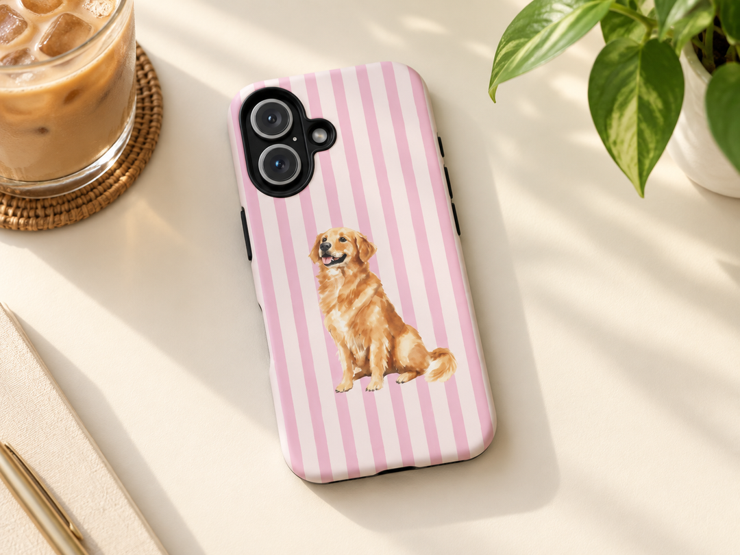 Golden Retriever iPhone Case, Pink Stripe Tough Phone Cover, Golden Retriever Mom Gift