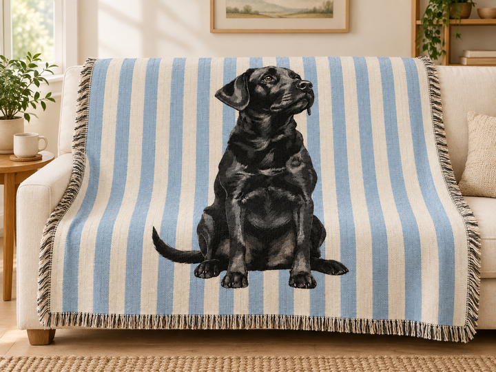 Black Lab Woven Blanket, Blue Stripe Cotton Throw, Labrador Mom Gift, 60 x 50