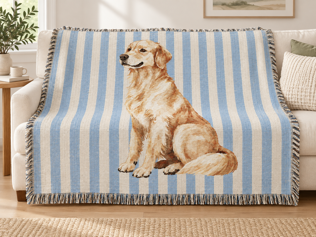 Golden Retriever Woven Blanket, Blue Stripe Cotton Throw, Golden Retriever Mom Gift, 60 x 50