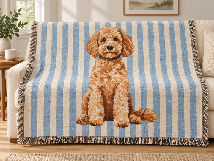 Goldendoodle Woven Blanket, Blue Stripe Cotton Throw, Doodle Mom Gift, 60 x 50