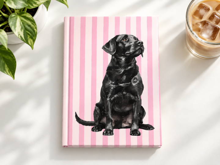 Black Lab Journal, Pink Stripe Hardcover Notebook, Labrador Mom Gift, New Puppy Gift