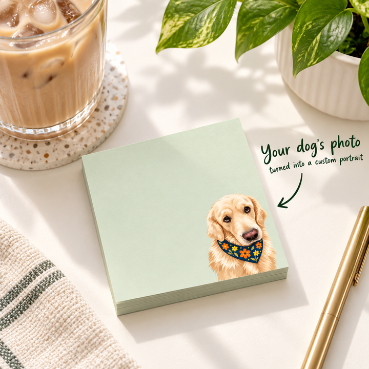 Custom Dog Portrait Sticky Notes - Sage Green Floral Bandana Pet Photo Notepad