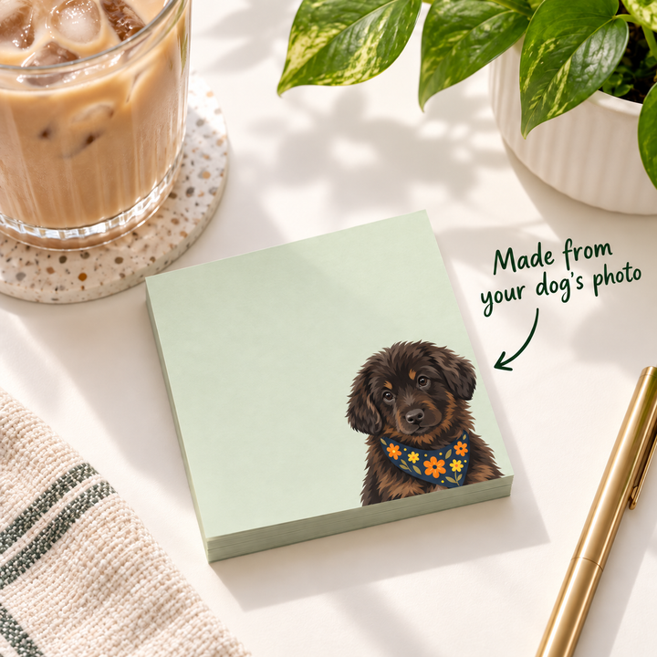 Custom Dog Portrait Sticky Notes - Sage Green Floral Bandana Pet Photo Notepad