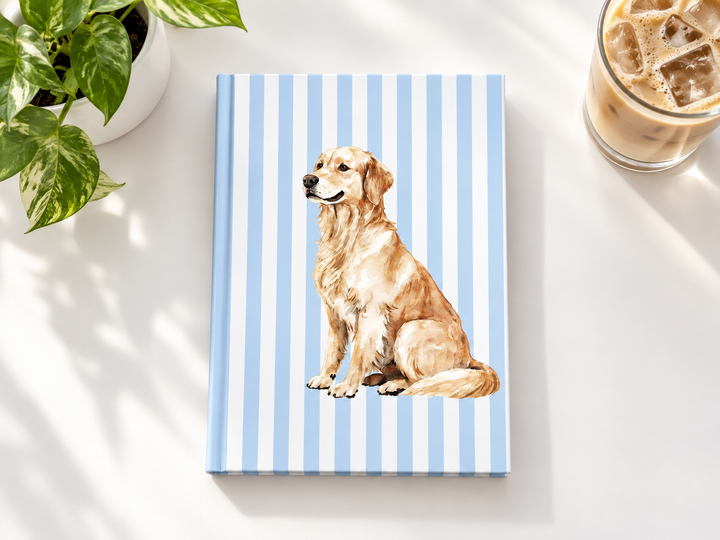 Golden Retriever Journal, Blue Stripe Hardcover Notebook, Golden Retriever Mom Gift, New Puppy Gift