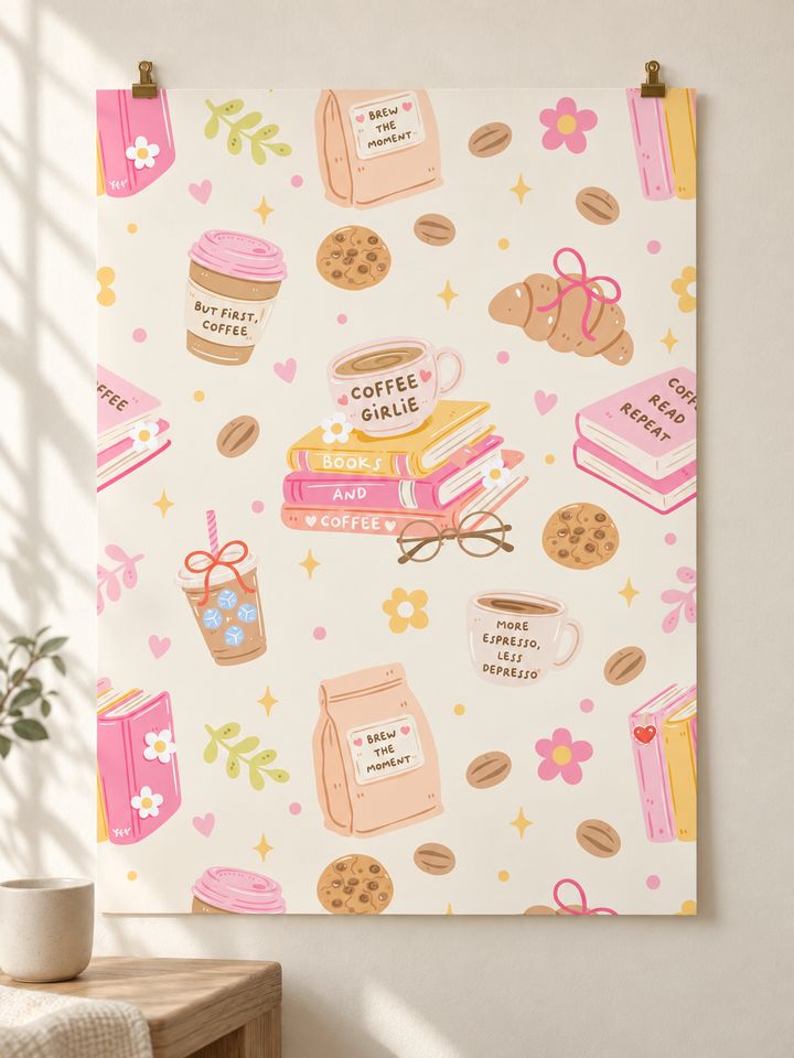 Coffee and Books Matte Vertical Poster, Pastel Pink Bookish Wall Art, Reading Nook Decor