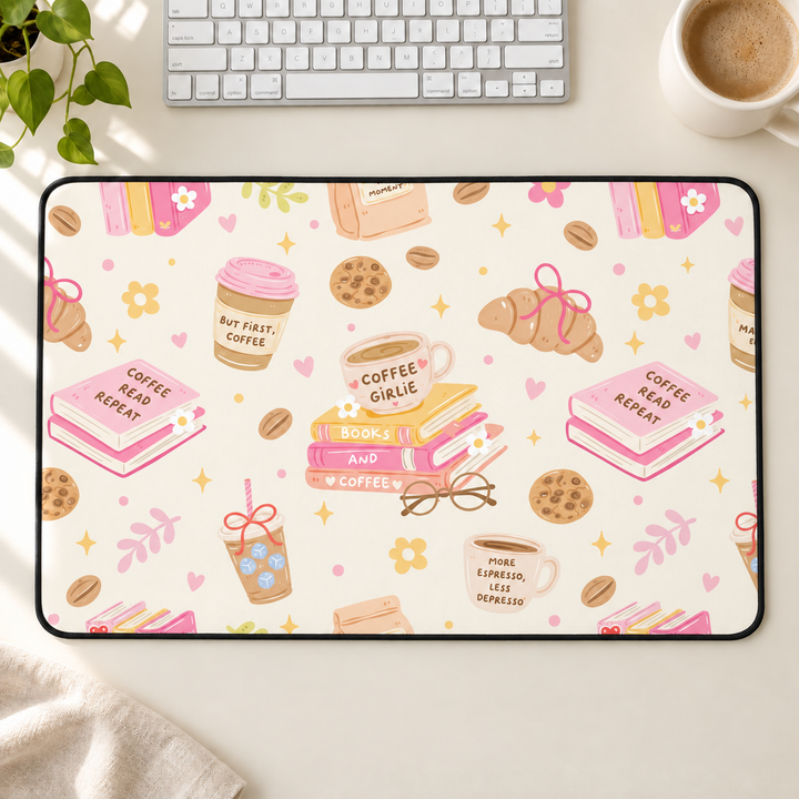 Coffee and Books Desk Mat, Pastel Pink Bookish Desk Pad, Non Slip Neoprene Office Decor
