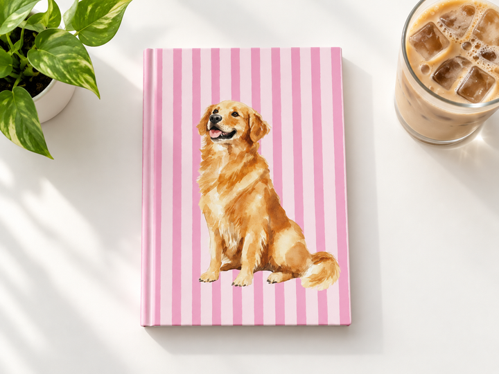 Golden Retriever Journal, Pink Stripe Hardcover Notebook, Golden Retriever Mom Gift, Golden Mama, New Puppy Gift