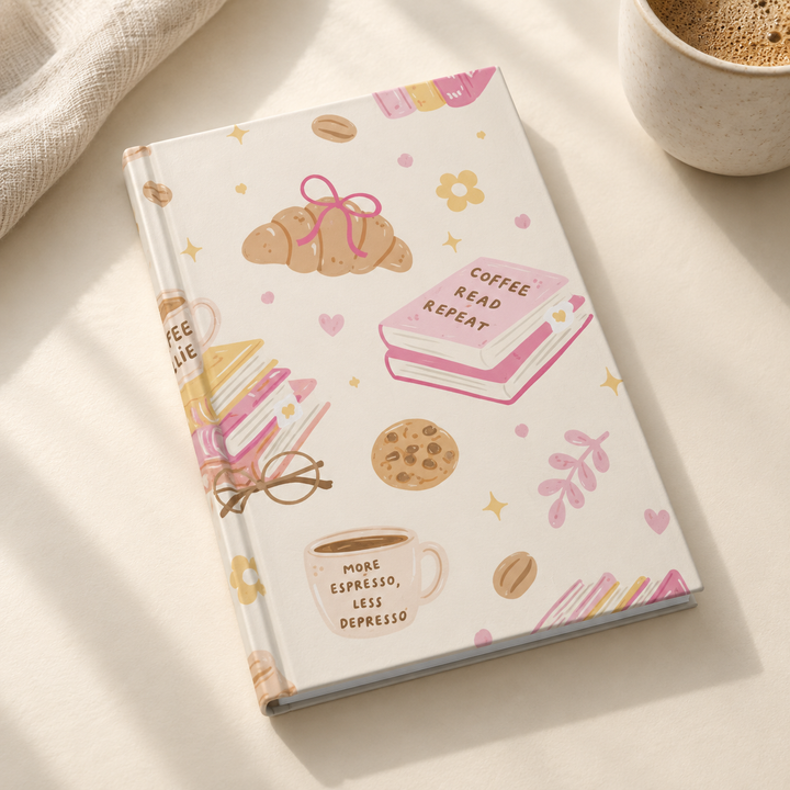 Coffee and Books Hardcover Notebook, Pastel Pink Lined Journal, Matte Book Lover Gift