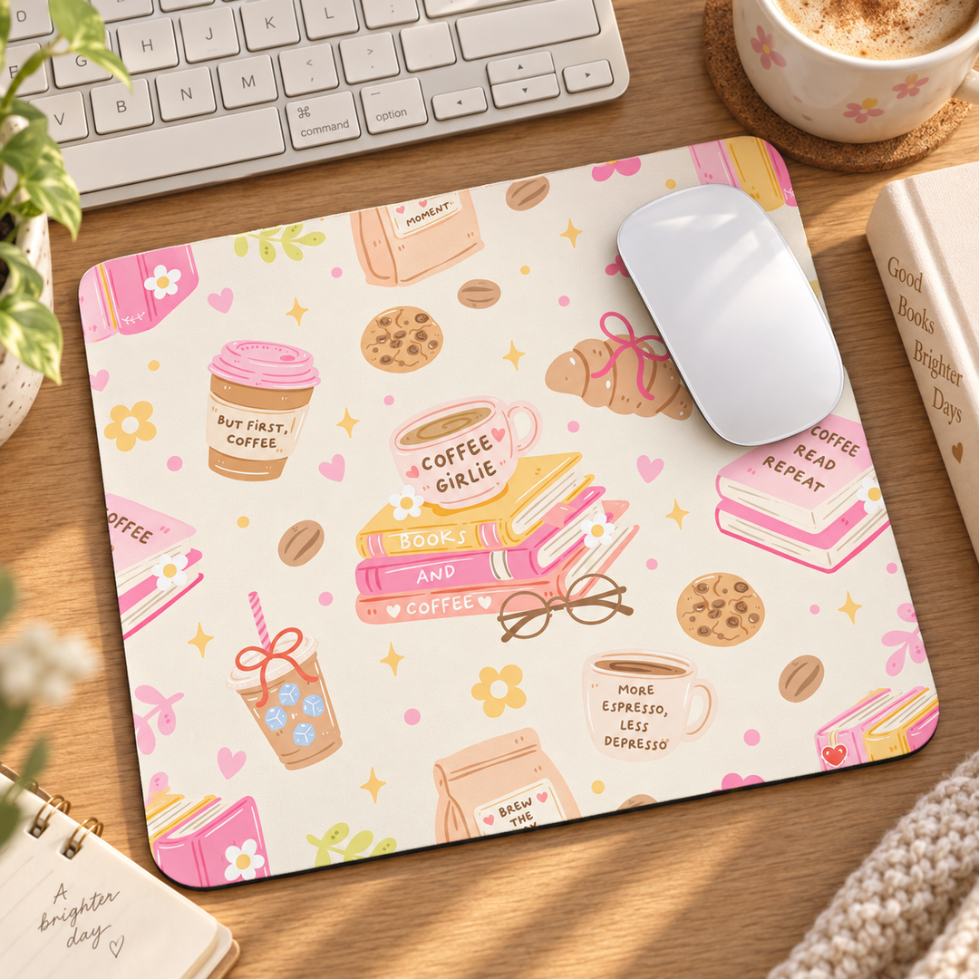 Coffee and Books Mouse Pad, Pastel Pink Bookish Desk Decor, 9x8 Inch, Coffee Lover Gift
