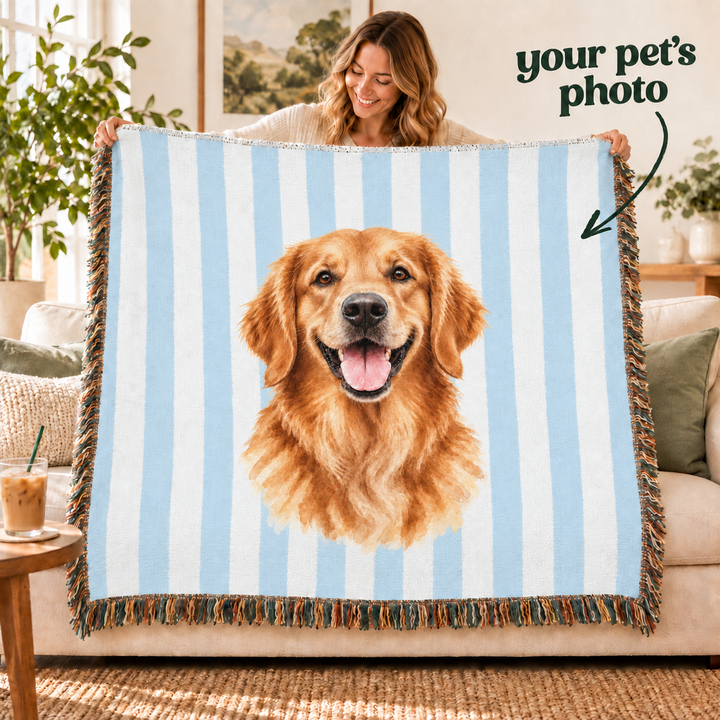 Custom Watercolor Dog Woven Blanket, Light Blue White Stripes, Personalized Pet Photo Cotton Throw, 60 x 50