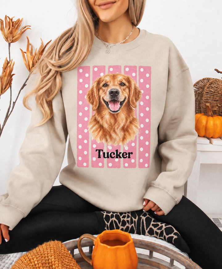 Custom Watercolor Dog Sweatshirt with Name, Pink Polka Dot Stripes