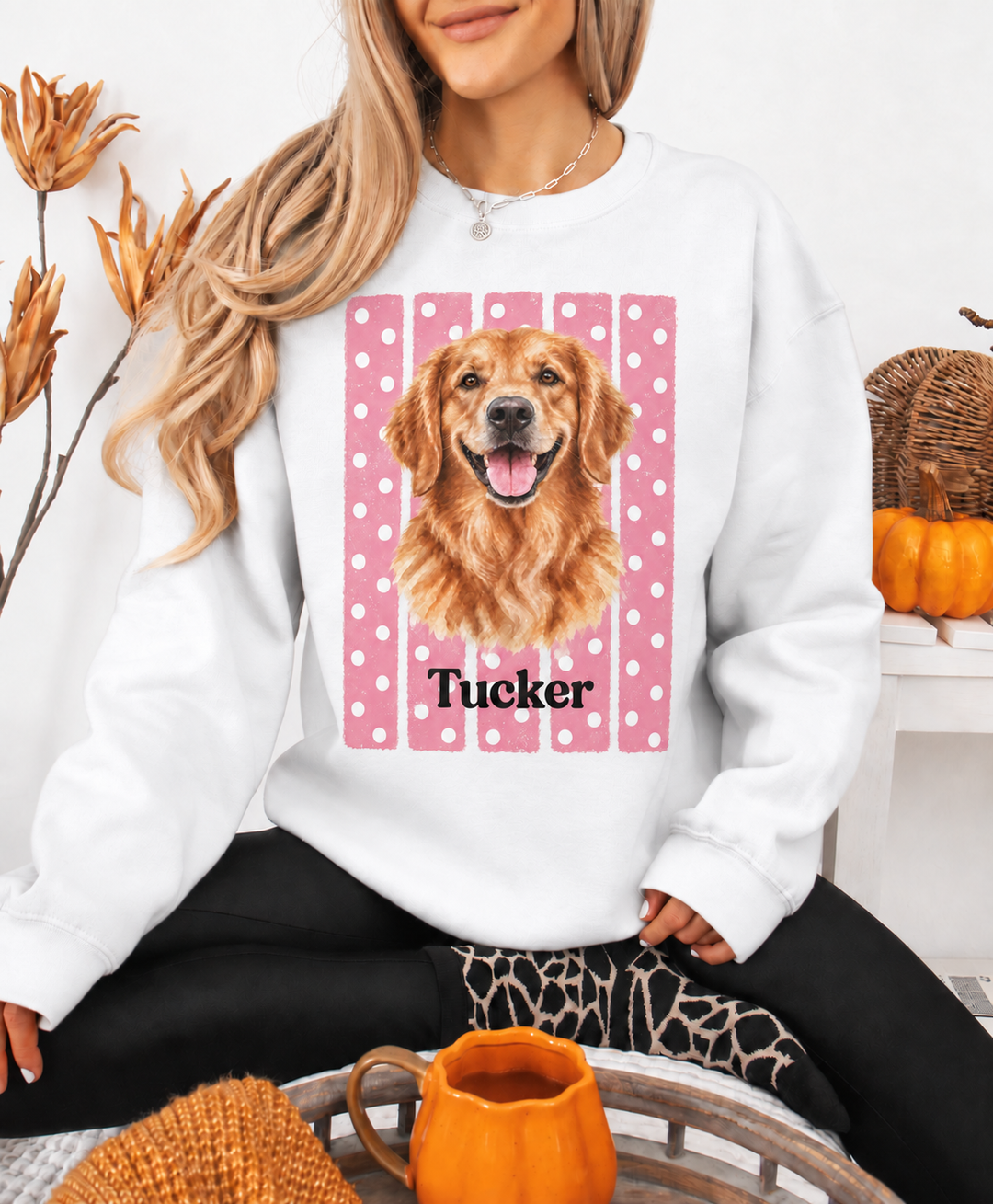 Custom Watercolor Dog Sweatshirt with Name, Pink Polka Dot Stripes