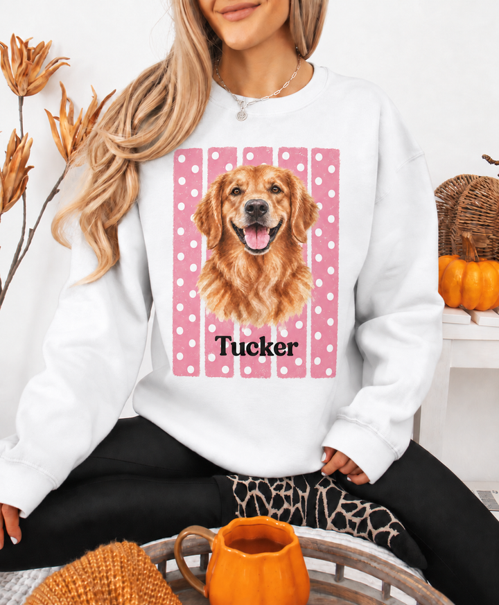 Custom Watercolor Dog Sweatshirt with Name, Pink Polka Dot Stripes