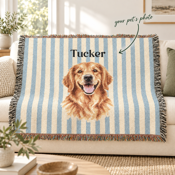 Custom Watercolor Dog Woven Blanket, Blue White Stripes, Personalized Pet Photo and Name Cotton Throw, Golden Retriever, 60 x 50