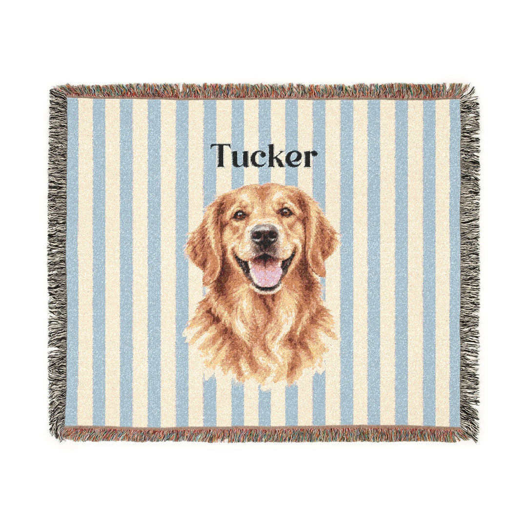 Custom Watercolor Dog Woven Blanket, Blue White Stripes, Personalized Pet Photo and Name Cotton Throw, Golden Retriever, 60 x 50
