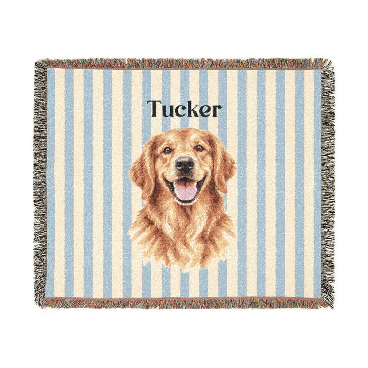 Custom Watercolor Dog Woven Blanket, Blue White Stripes, Personalized Pet Photo and Name Cotton Throw, Golden Retriever, 60 x 50