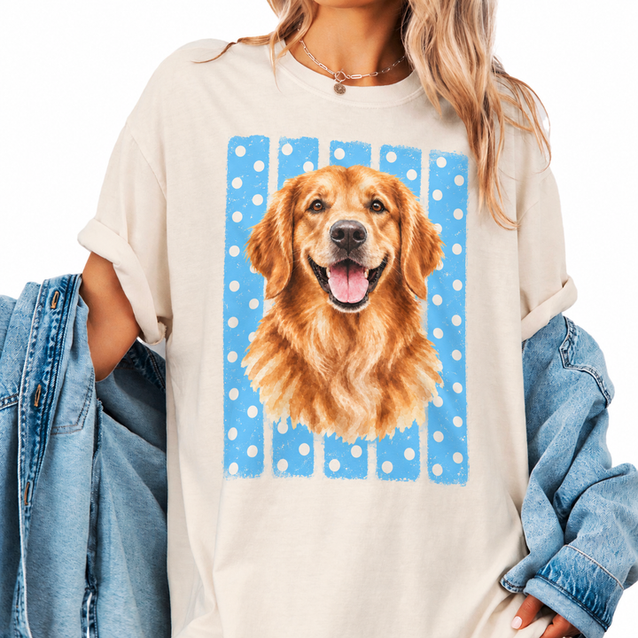 Custom Dog Portrait Comfort Colors Shirt, Blue Polka Dot Stripes, Personalized Pet Photo T-Shirt