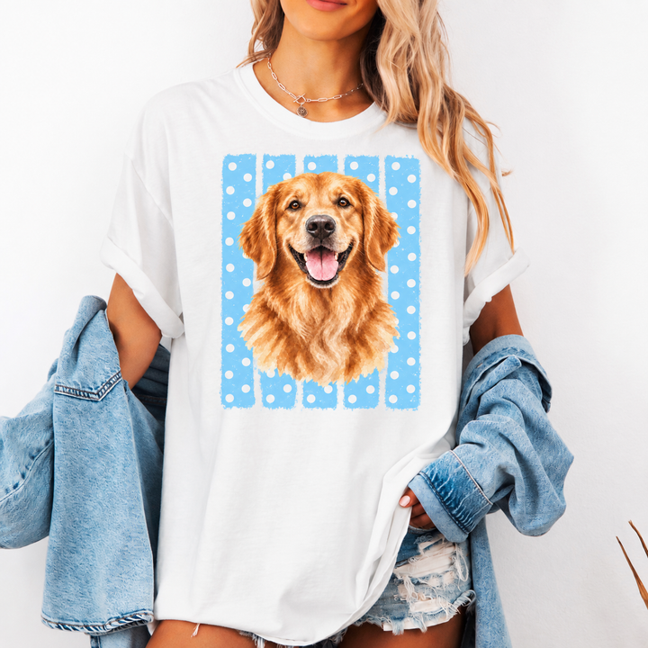 Custom Dog Portrait Comfort Colors Shirt, Blue Polka Dot Stripes, Personalized Pet Photo T-Shirt