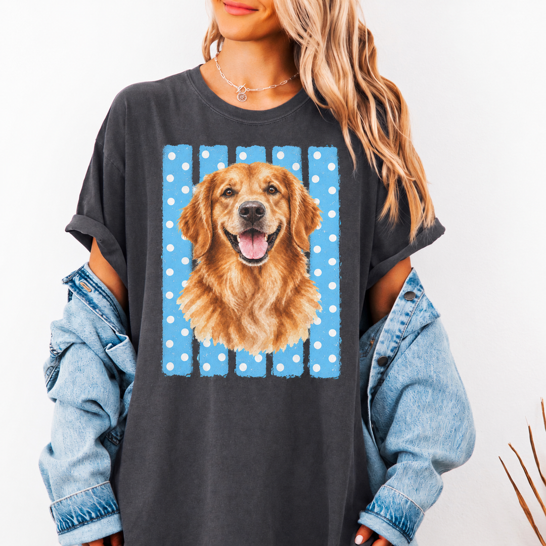 Custom Dog Portrait Comfort Colors Shirt, Blue Polka Dot Stripes, Personalized Pet Photo T-Shirt