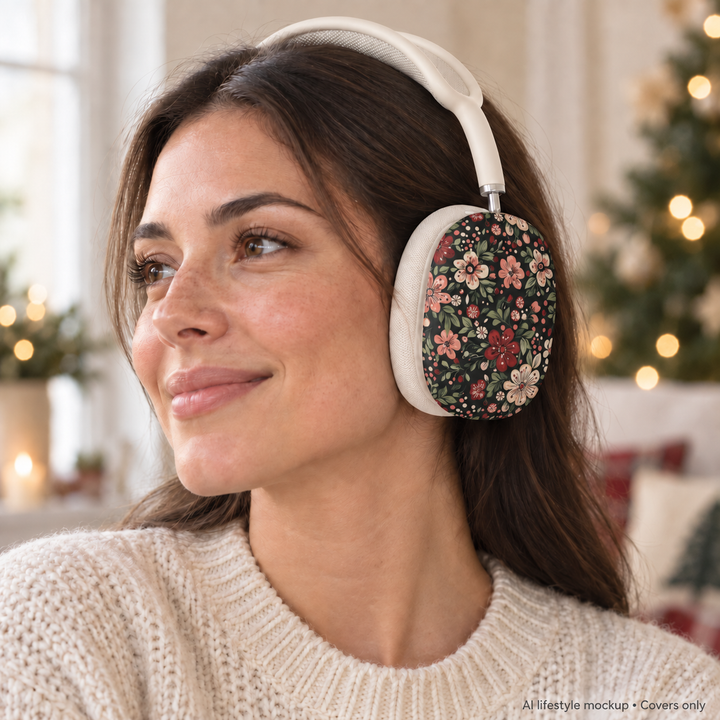 Retro Christmas Floral AirPods Max Case Covers, Dark Botanical Ear Cup Shells, Pink Red Flowers, Matte or Glossy