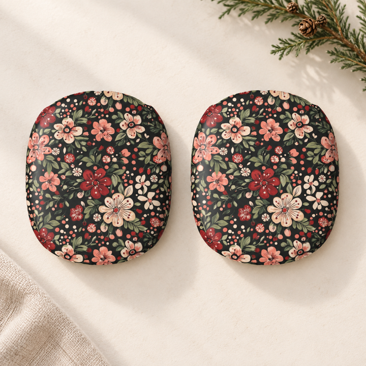 Retro Christmas Floral AirPods Max Case Covers, Dark Botanical Ear Cup Shells, Pink Red Flowers, Matte or Glossy