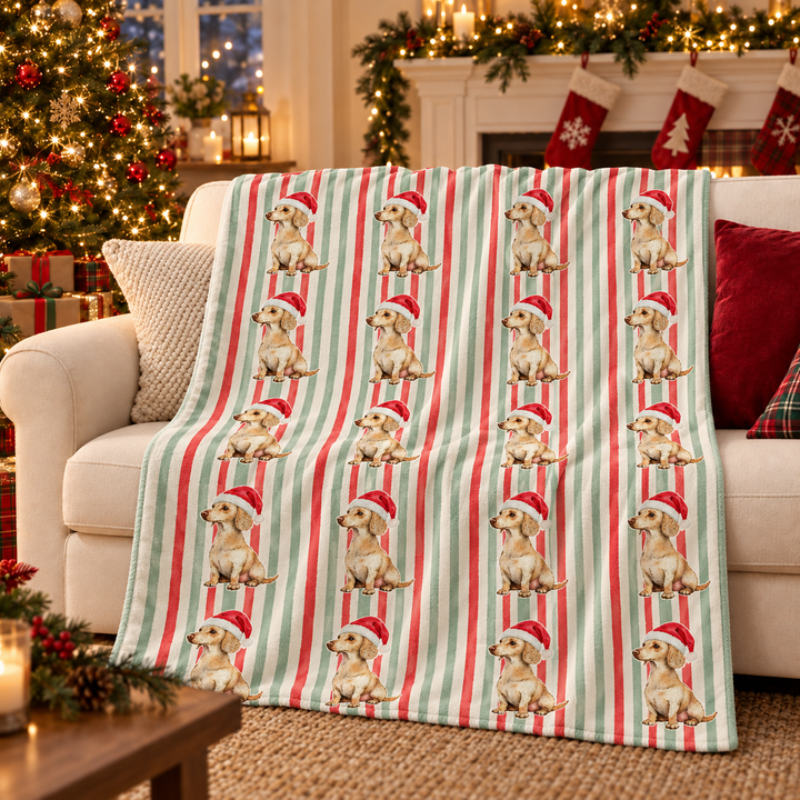 Dachshund Christmas Velveteen Plush Blanket, Red Sage Stripes, Santa Dog Throw