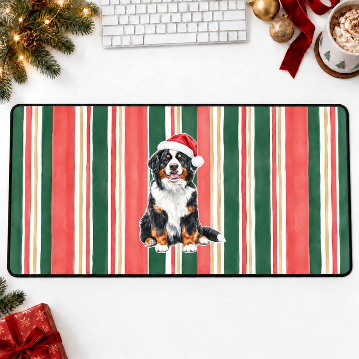 Bernese Mountain Dog Christmas Desk Mat, Centered Santa Dog, Classic Red Green Stripes