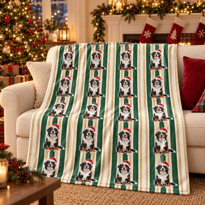 Bernese Mountain Dog Christmas Velveteen Plush Blanket, Green Gold Stripes, Santa Dog Throw
