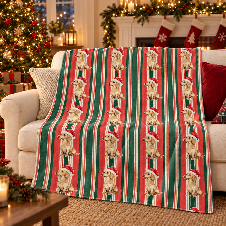 Dachshund Christmas Velveteen Plush Blanket, Classic Red Green Stripes, Santa Dog Throw