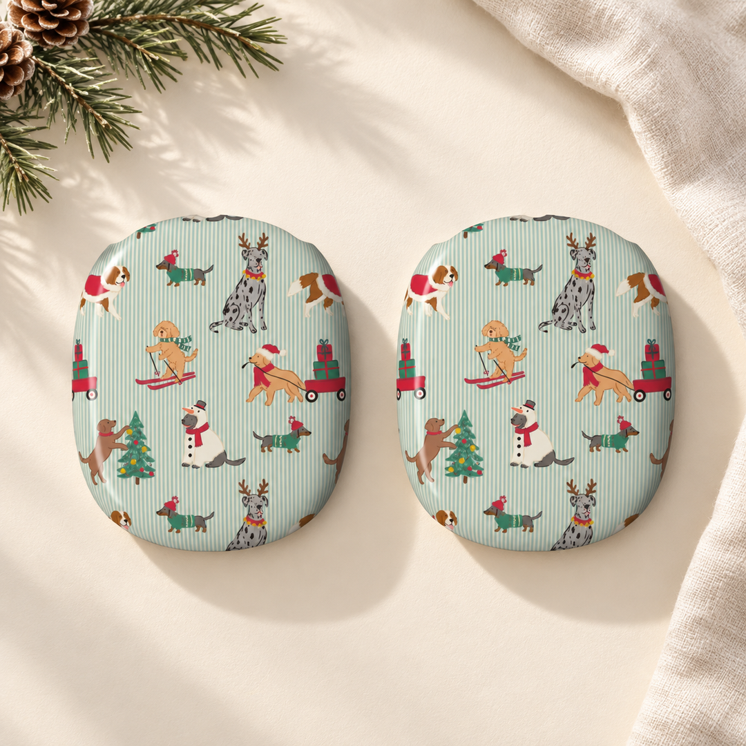 Christmas Dogs AirPods Max Case Covers, Green Stripe Holiday Ear Cup Shells, Cute Dog Lover Gift, Matte or Glossy