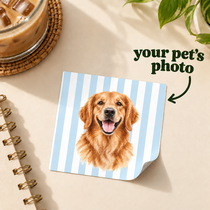 Custom Watercolor Dog Sticker, Light Blue White Stripes, Personalized Pet Photo Vinyl Decal, Dog Mom Gift