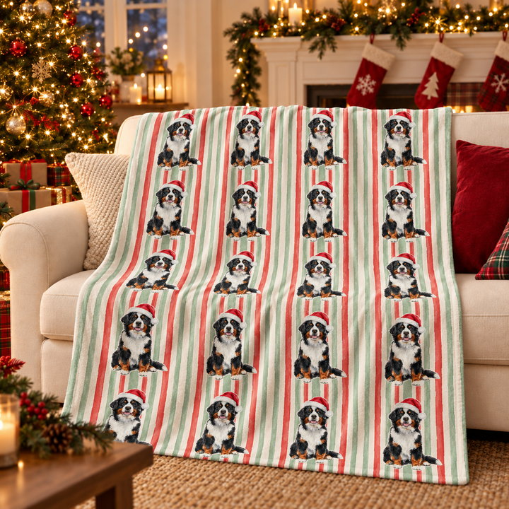 Bernese Mountain Dog Christmas Velveteen Plush Blanket, Red Sage Stripes, Santa Dog Throw