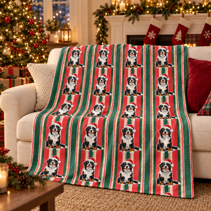 Bernese Mountain Dog Christmas Velveteen Plush Blanket, Classic Red Green Stripes, Santa Dog Throw