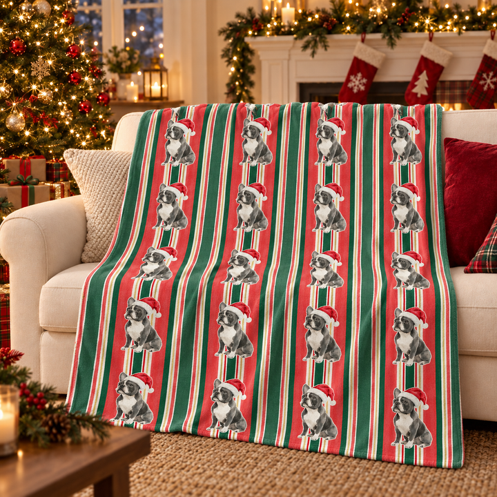 French Bulldog Christmas Velveteen Plush Blanket, Classic Red Green Stripes, Santa Dog Throw