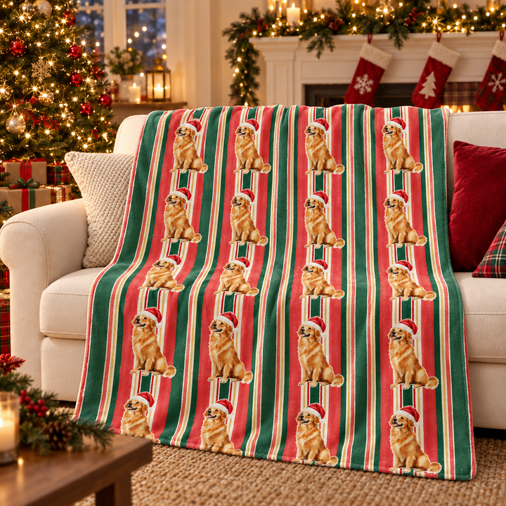 Golden Retriever Christmas Velveteen Plush Blanket, Classic Red Green Stripes, Santa Dog Throw