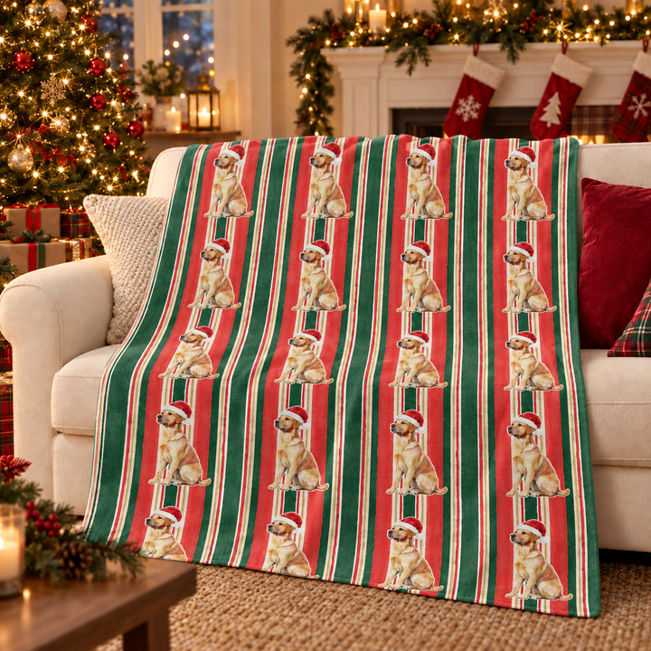 Yellow Labrador Christmas Velveteen Plush Blanket, Classic Red Green Stripes, Santa Dog Throw