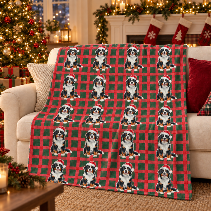 Bernese Mountain Dog Christmas Velveteen Plush Blanket, Red Green Plaid, Santa Dog Throw