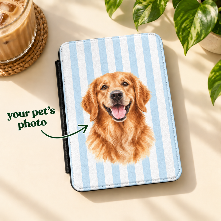 Custom Watercolor Dog Kindle Case, Light Blue White Stripes, Personalized Pet Photo Cover, 7 Inch Paperwhite Colorsoft