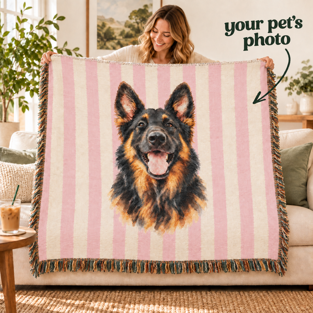 Custom Watercolor Dog Woven Blanket, Light Pink Cream Stripes, Personalized Pet Photo Cotton Throw, 60 x 50