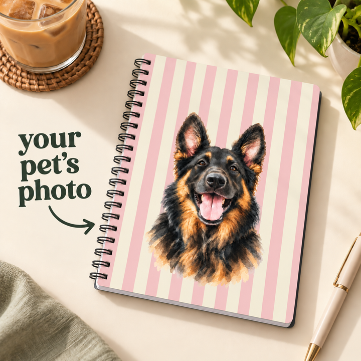 Custom Watercolor Pet Spiral Notebook, Light Pink Cream Stripes, Personalized Dog Photo Ruled Journal
