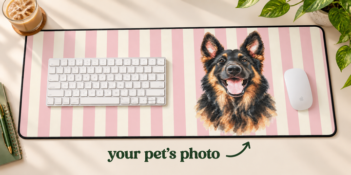 Custom Watercolor Pet Desk Mat, Light Pink Cream Stripes, Personalized Dog Photo Desk Pad