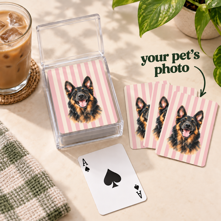Custom Watercolor Dog Playing Cards, Light Pink Cream Stripes, Personalized Pet Photo Poker Deck